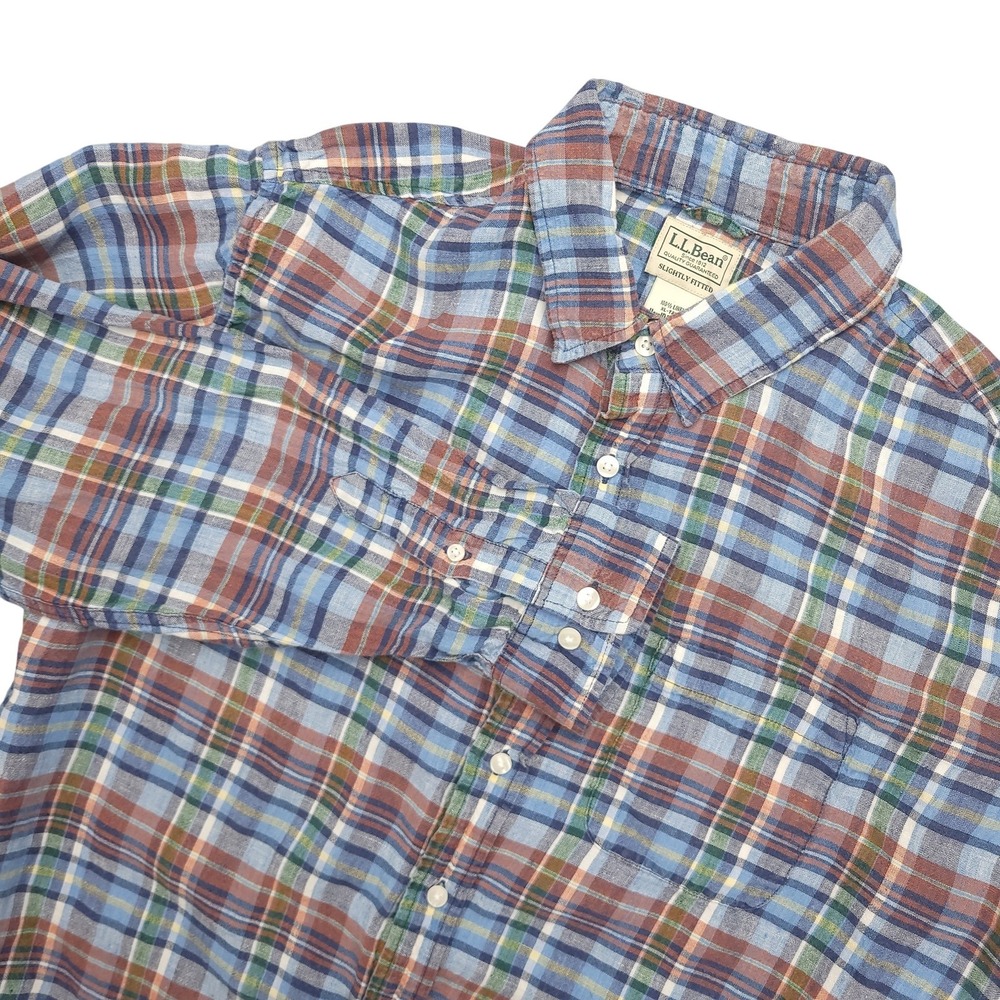 L.L. Bean Shirt Mens XLT Multicolor Plaid Long Sleeve Button Down Linen